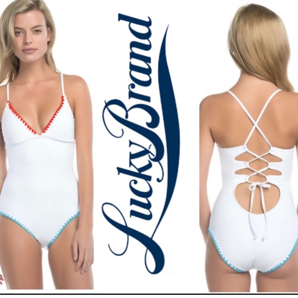Lucky Brand Night Dreamer Swimsuit Cross Back Tie crochet Trim